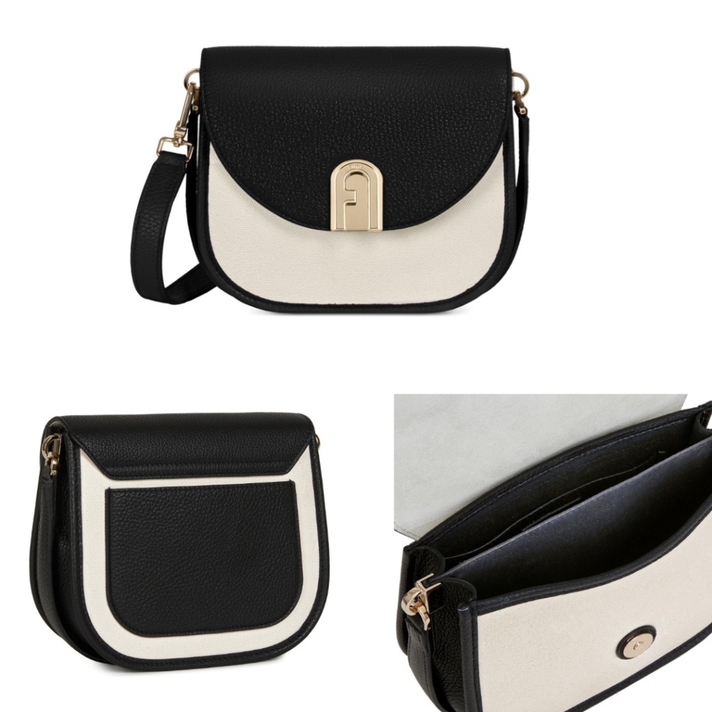 Black and White Crossbody Shoulder Bag with Gold Accent - Picture 11 of 11
